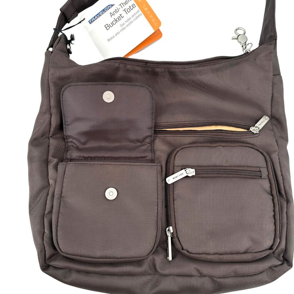 NWT Travelon Anti-Theft Bucket Tote Bag Multiple Zipper Pockets Brown - Picture 3 of 13